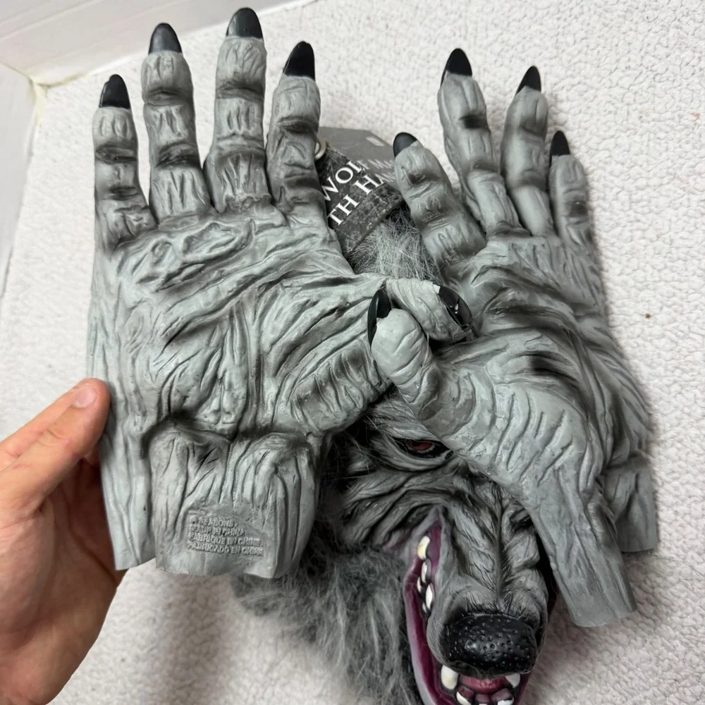 Spirit Halloween Grey Wolf Mask With Hands New w/Tag